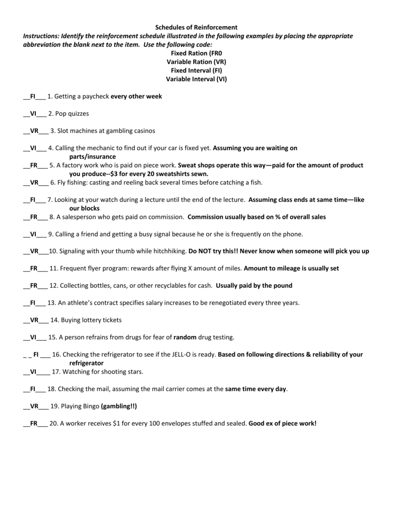 Schedules Of Reinforcement Worksheet Answers