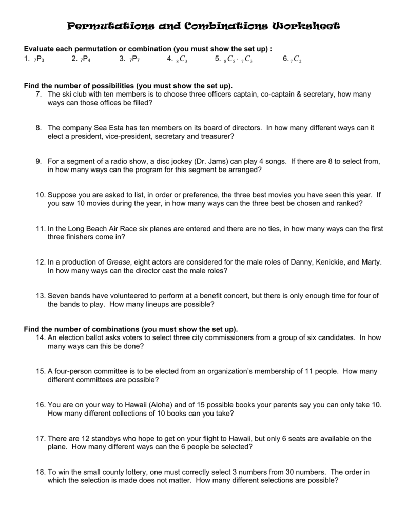 22: Permutations and Combinations Worksheet Inside Permutations And Combinations Worksheet Answers