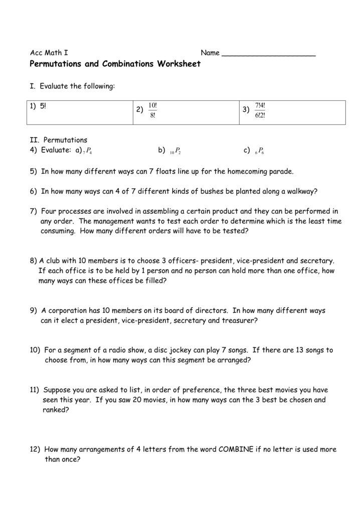 Permutations And Combinations Worksheet