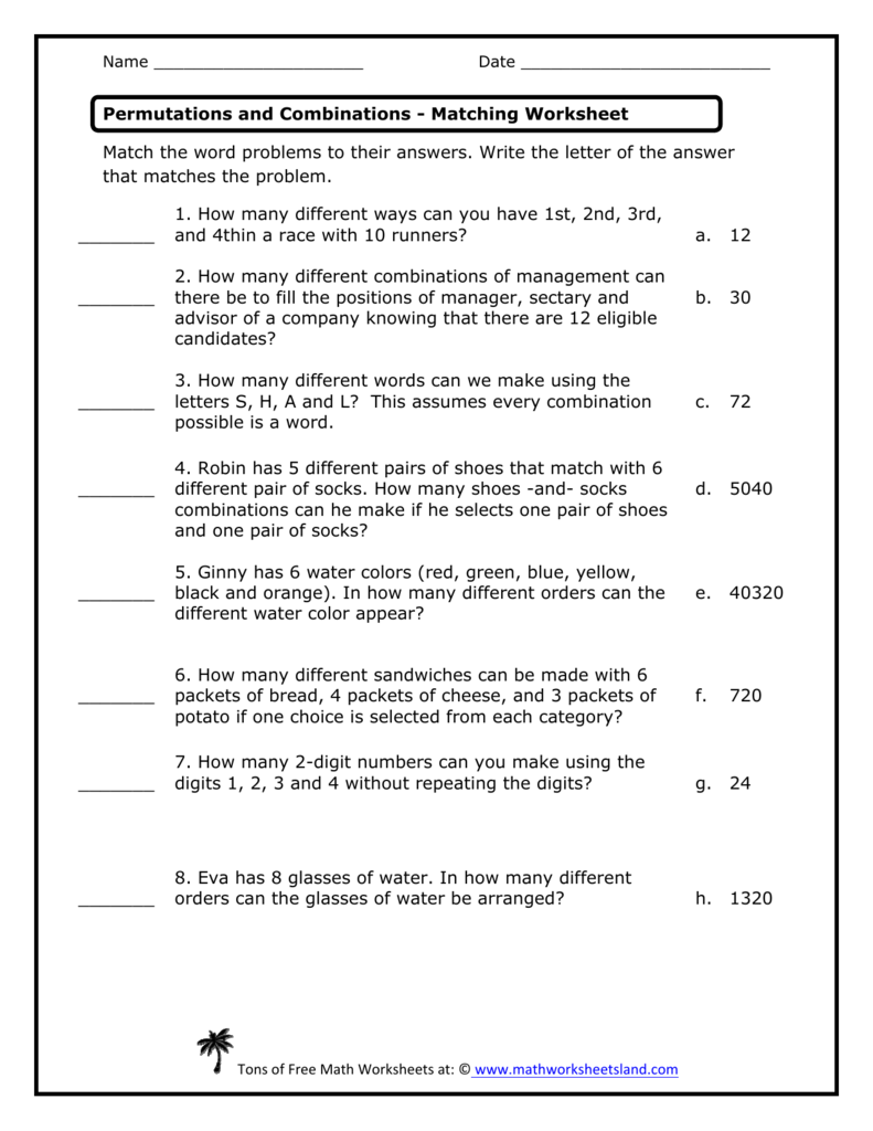 Permutations and Combinations Matching Worksheet With Permutations And Combinations Worksheet