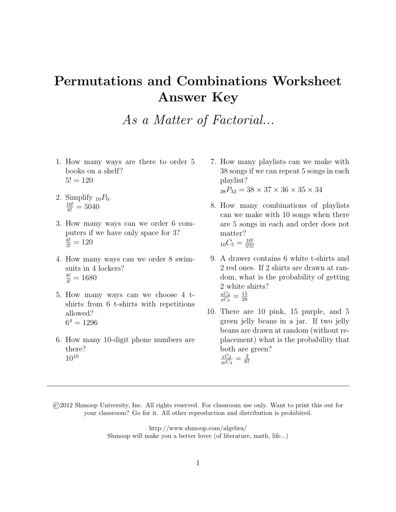 Permutations and Combinations Worksheet Answer Key