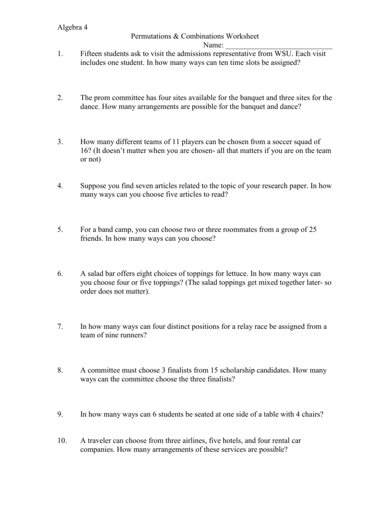 Algebra 221 Permutations & Combinations Worksheet Name: 21. Fifteen Pertaining To Permutations And Combinations Worksheet