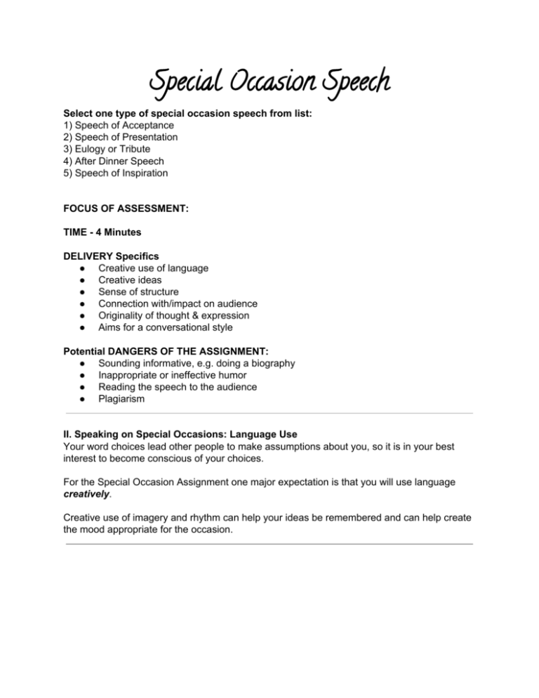 Special Occasion Speech Special Occasion Speech