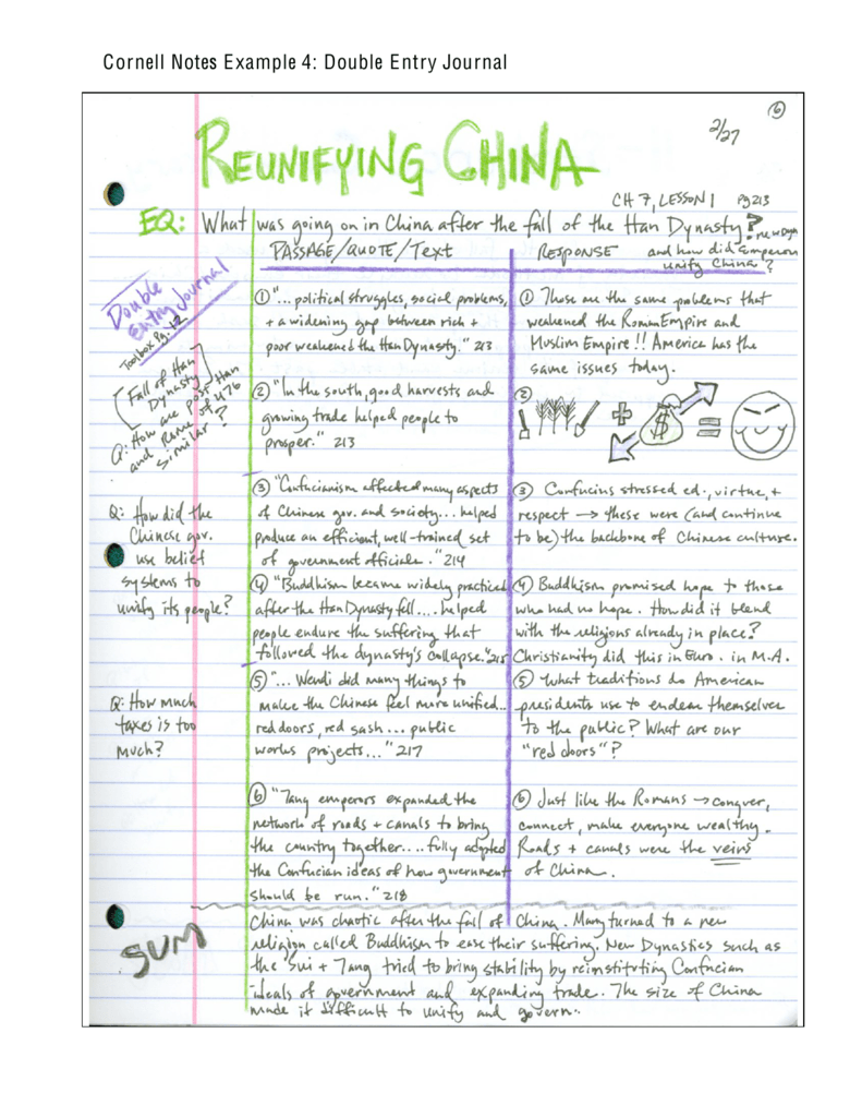 Cornell Notes Example 18: Double Entry Journal