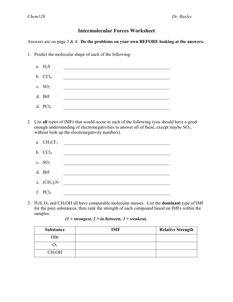 Intermolecular Forces Worksheet With Forces Worksheet 1 Answer Key