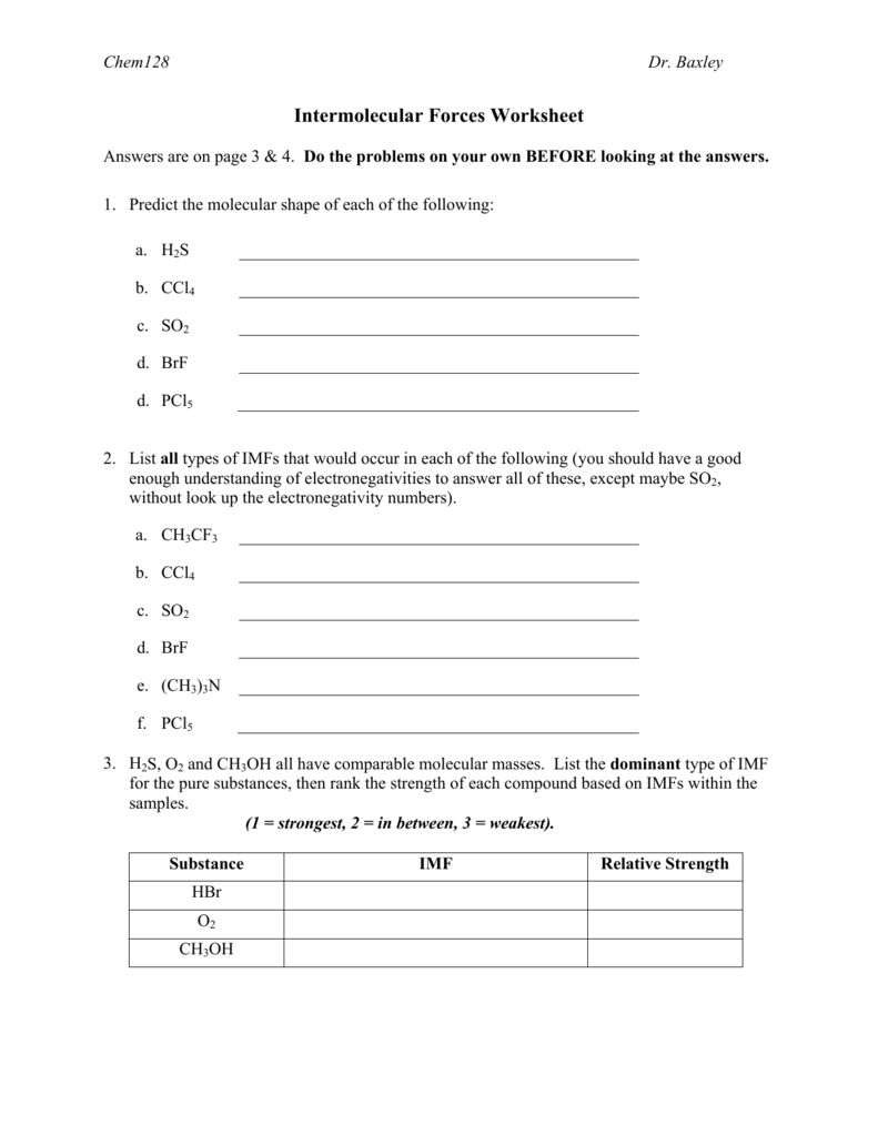 Intermolecular Forces Worksheet Answer Key