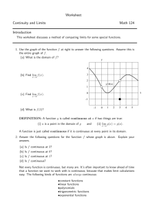 Worksheet Continuity and Limits Math 124 Introduction