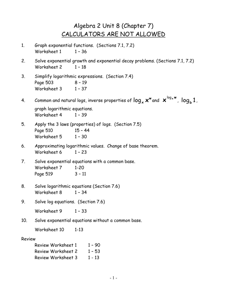 Algebra 25 Unit 25 (Chapter 25) Within Solving Exponential Equations Worksheet