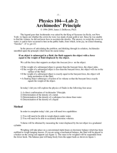 Physics 104---Lab 2: Archimedes' Principle