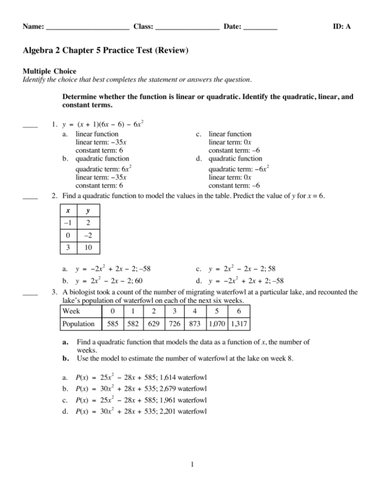 algebra 2 test chapter 5