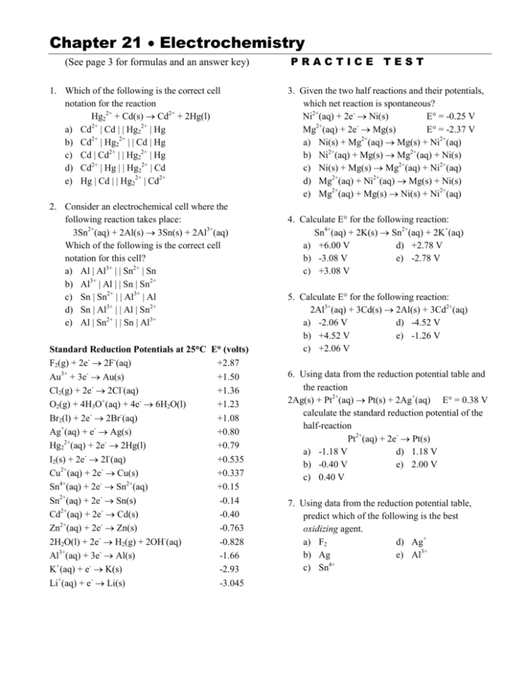 Chapter 21 Practice Test Electrochemistry 