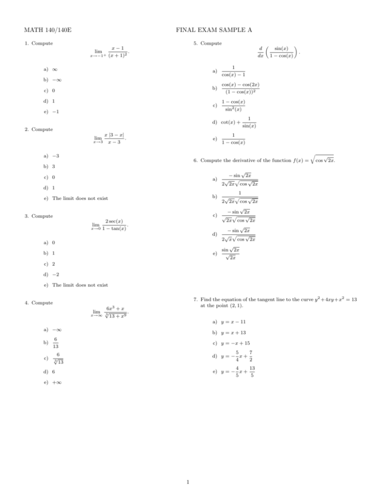 MATH 140/140E FINAL EXAM SAMPLE A