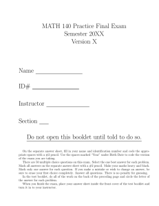MATH 140 Practice Final Exam Semester 20XX Version X Name ID