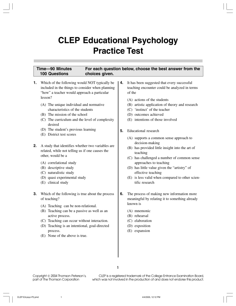 CLEP Educational Psychology Practice Test CLEP Educational Psychology Practice Test