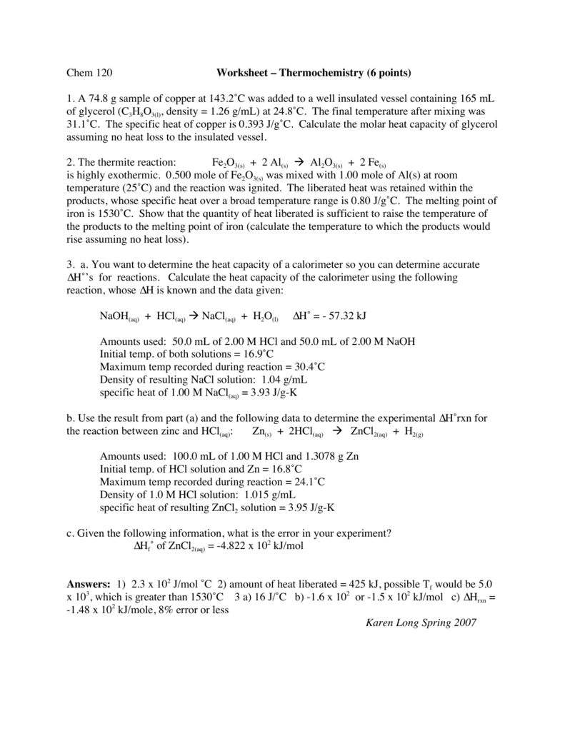 Chem 1 Worksheet Thermochemistry 6 Points 1 A 74 8 G