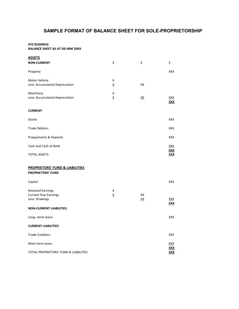 sample format of balance sheet for sole proprietorship