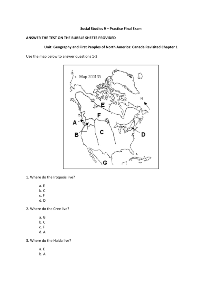 Social Studies 9 Practice Final Exam ANSWER THE TEST ON