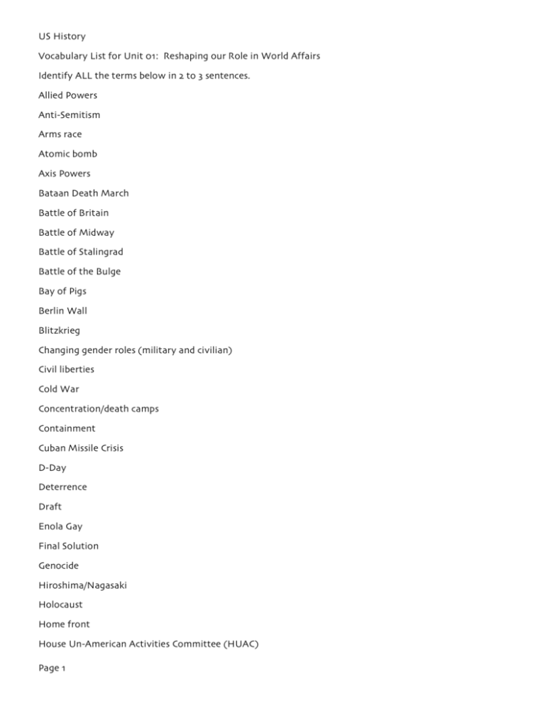 US History Vocabulary List For Unit 01 Reshaping Our