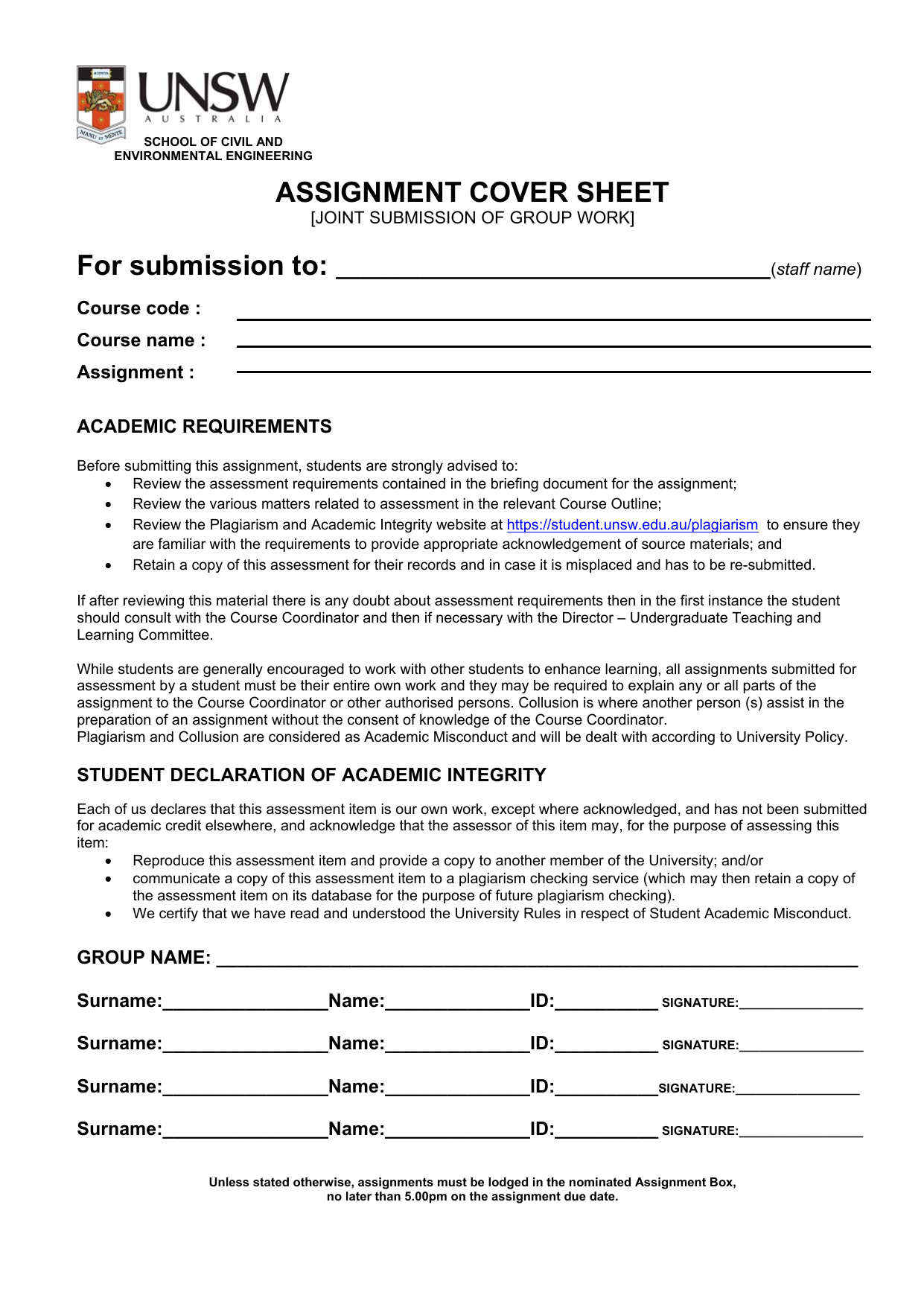 unsw assignment cover sheet