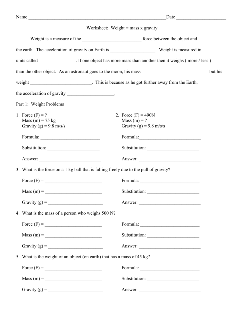 Name Worksheet: Weight = mass x gravity We Within Mass And Weight Worksheet