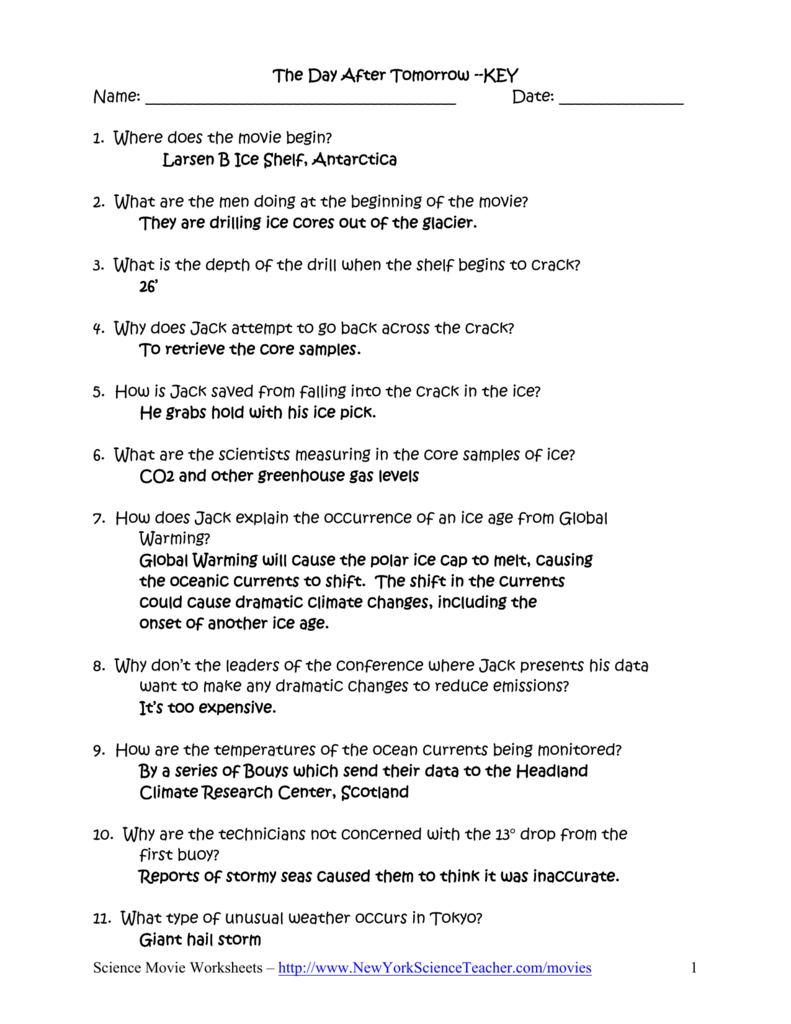 The Day After Tomorrow With The Core Movie Worksheet Answers