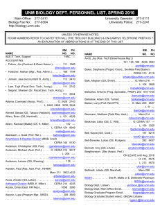 UNM BIOLOGY DEPT. PERSONNEL LIST, SPRING 2016