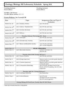 Zoology/Biology 102 Laboratory Schedule Spring 2011