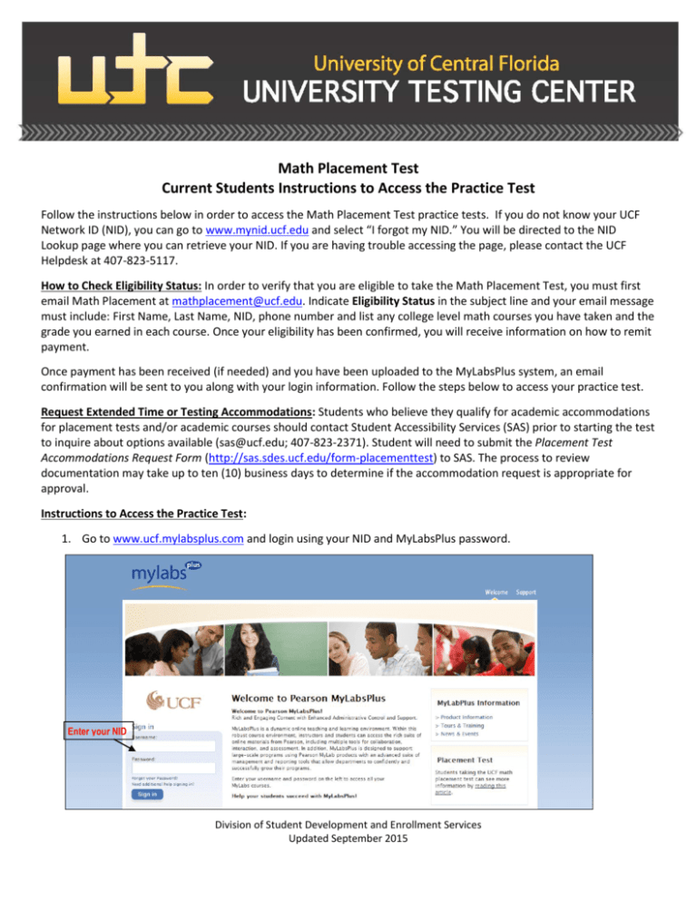 Math Placement Test Current Students Instructions