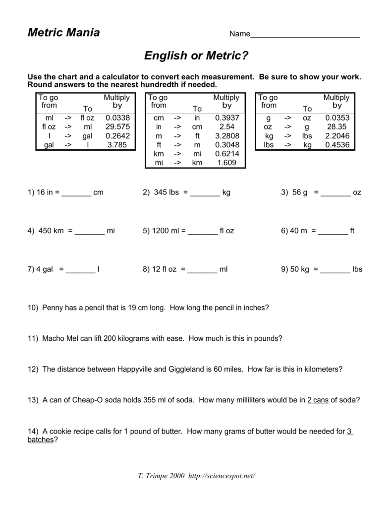 Metric Mania English or Metric? Pertaining To English To Metric Conversion Worksheet