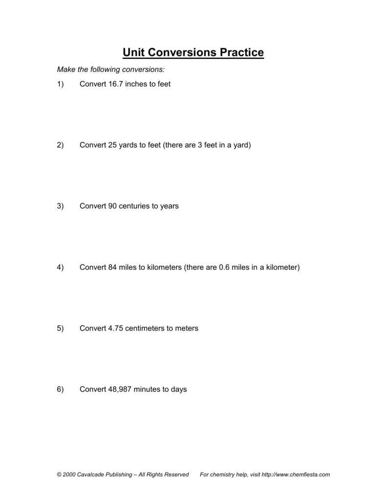 Unit Conversion Word Problems Worksheet