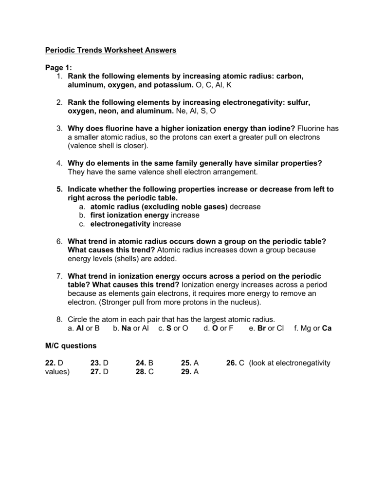 Periodic Trends Worksheet Answers Page 23: 23. Rank the following With Regard To Periodic Trends Worksheet Answer Key
