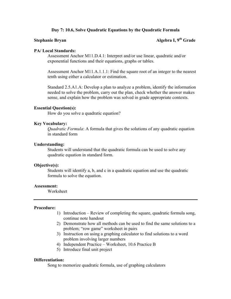 Day 21: 21.21, Solve Quadratic Equations by the Quadratic Formula With Regard To Quadratic Word Problems Worksheet