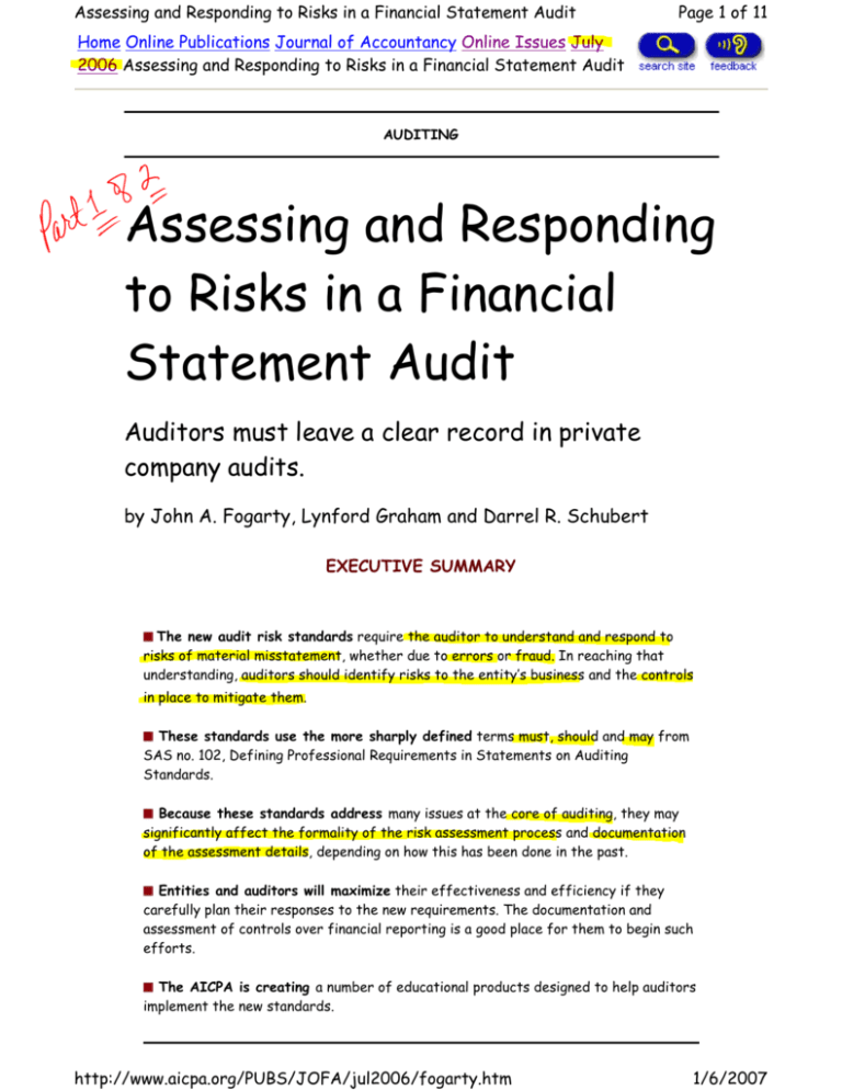 Assessing And Responding To Risks In A Financial Statement Audit