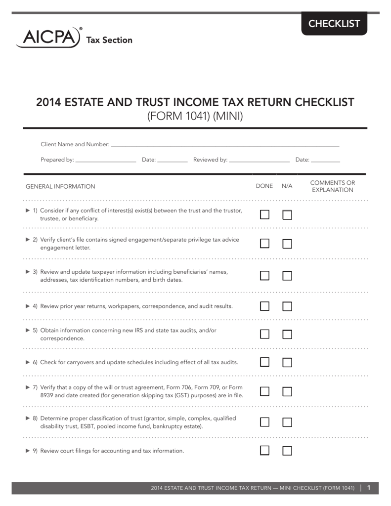 2014 Estate And Trust Income Tax Return Checklist form 1041