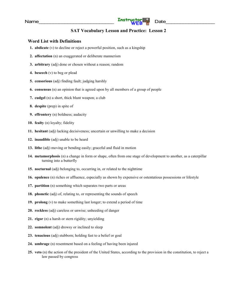 Worksheets Sat Vocab Worksheets sat vocabulary lesson and practice 2