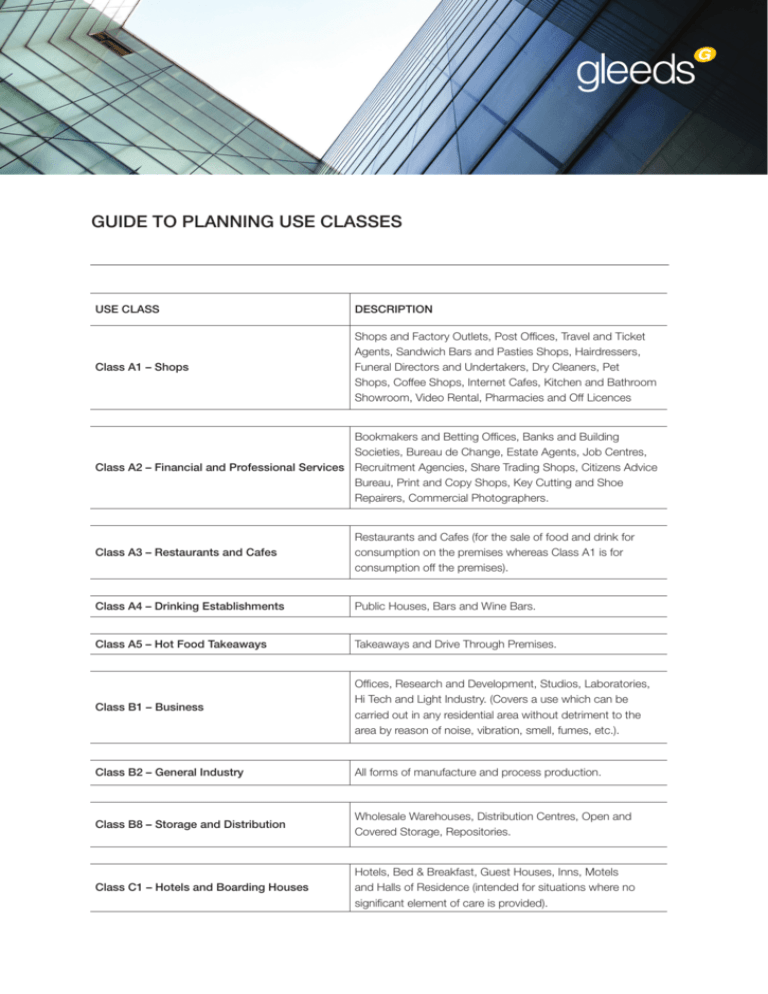 GUIDE TO PLANNING USE CLASSES