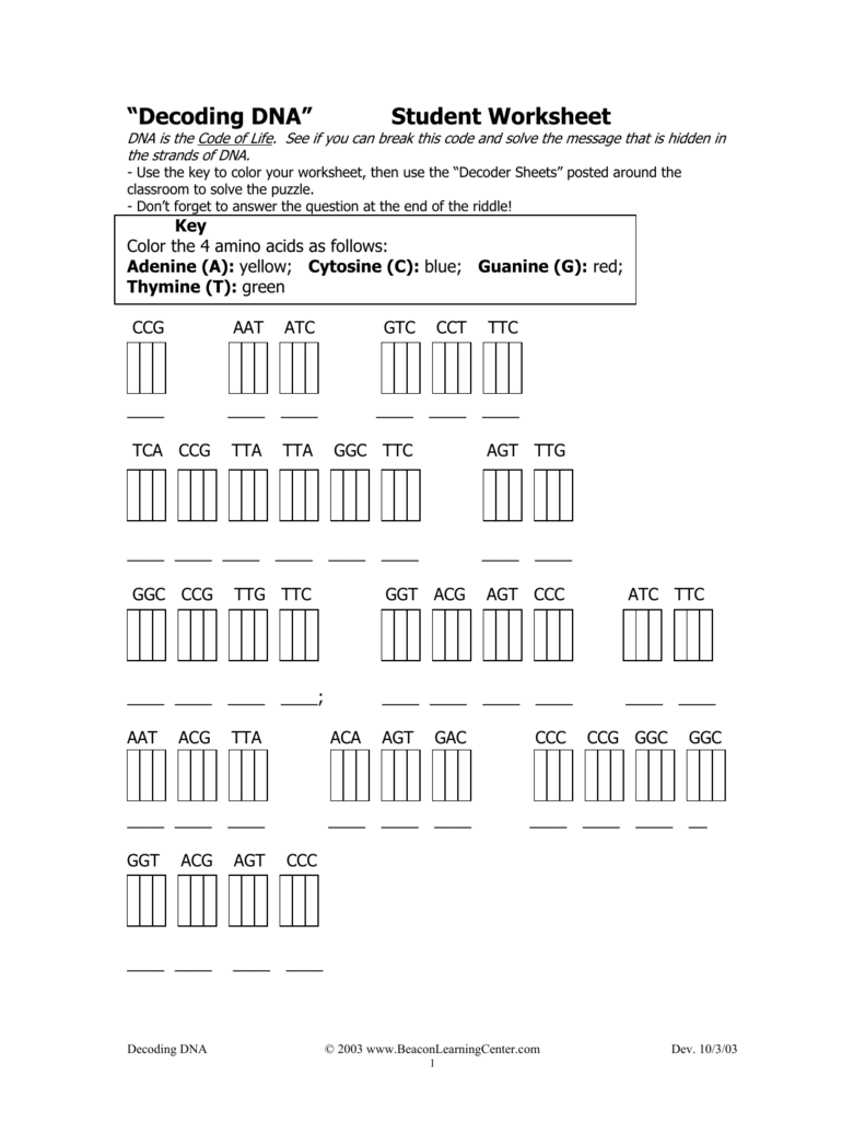 Decoding Dna Student Worksheet