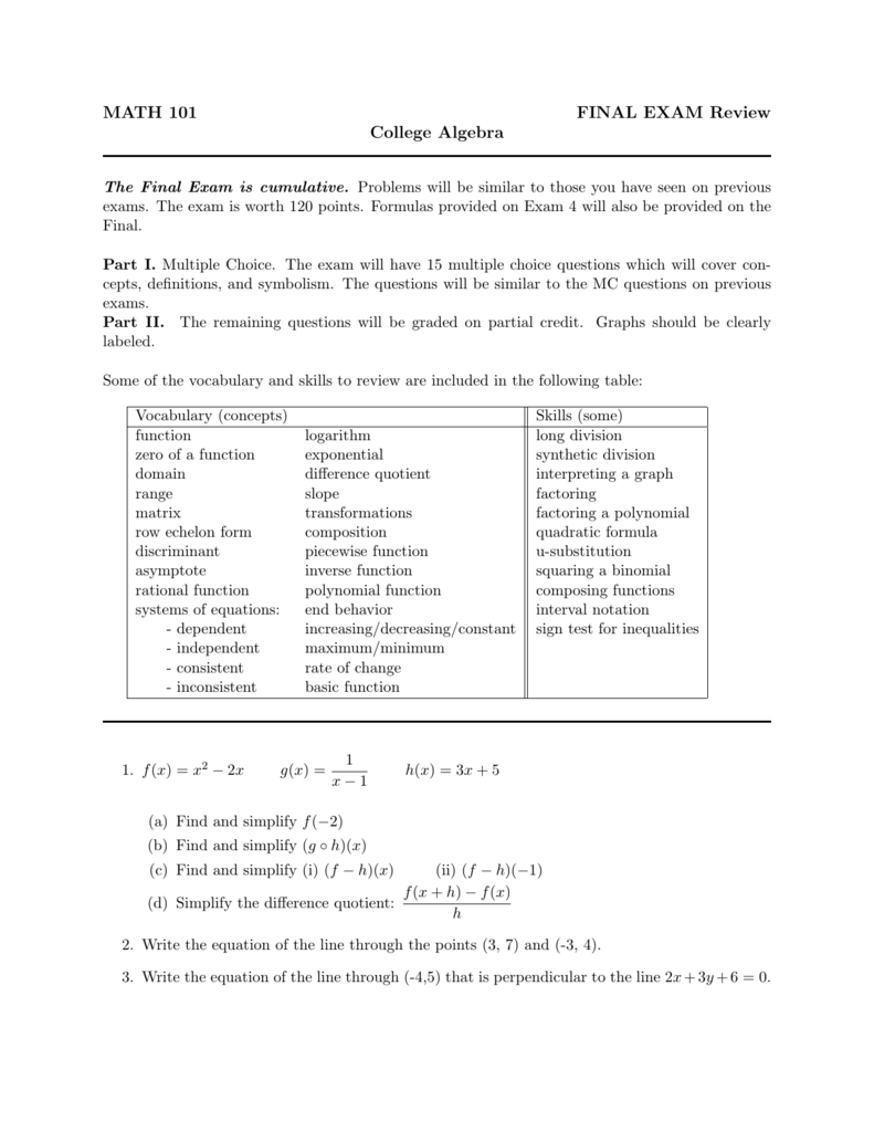 College Math 101 Worksheets