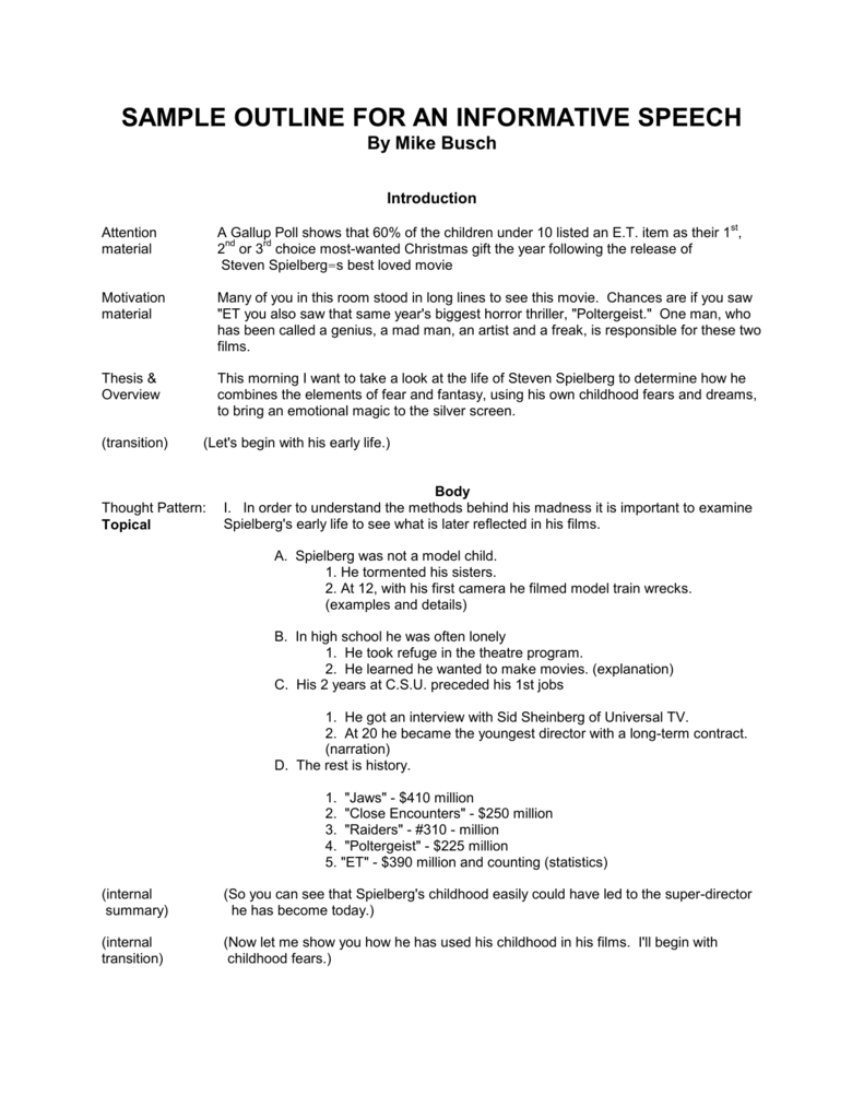 SAMPLE OUTLINE FOR AN INFORMATIVE SPEECH