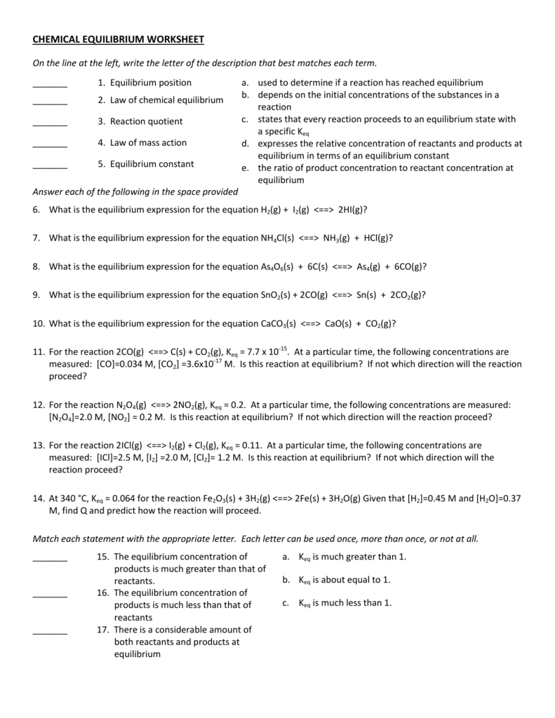 Equilibrium Expressions Worksheet Worksheet