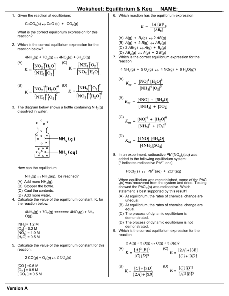 Worksheet Chemical Equilibrium Keq