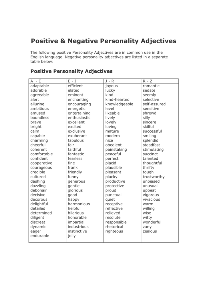 Positive Negative Personality Adjectives Living beginning english 1