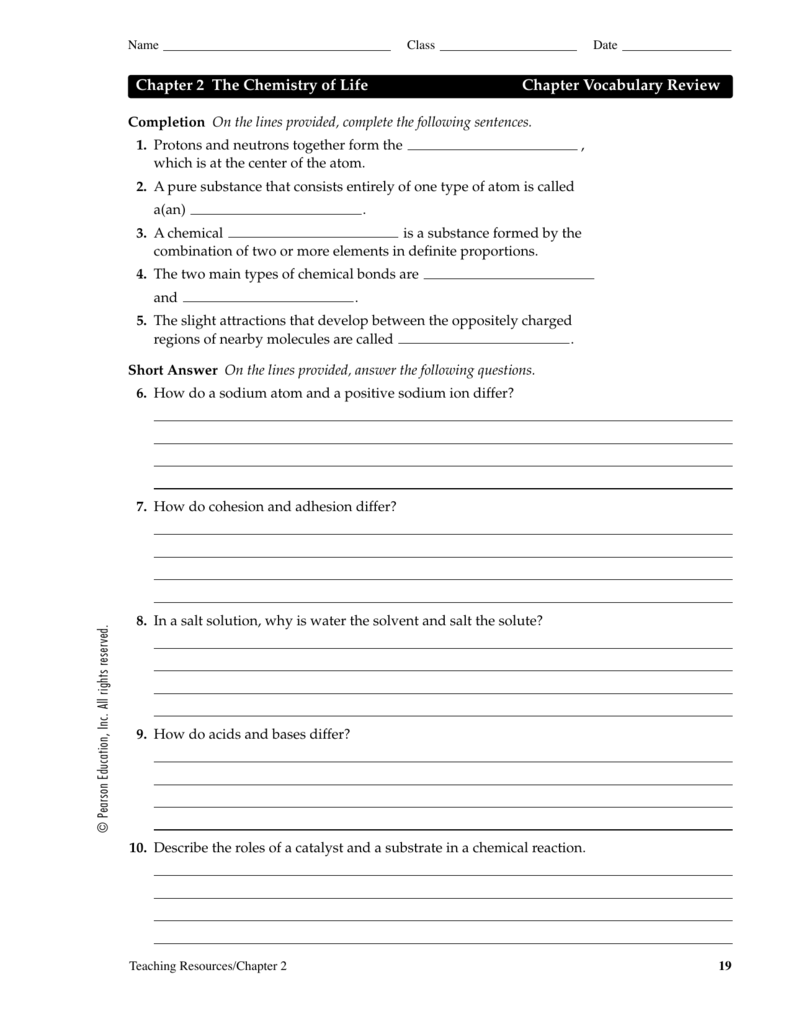 Chapter 2 The Chemistry Of Life Worksheet Answer Key