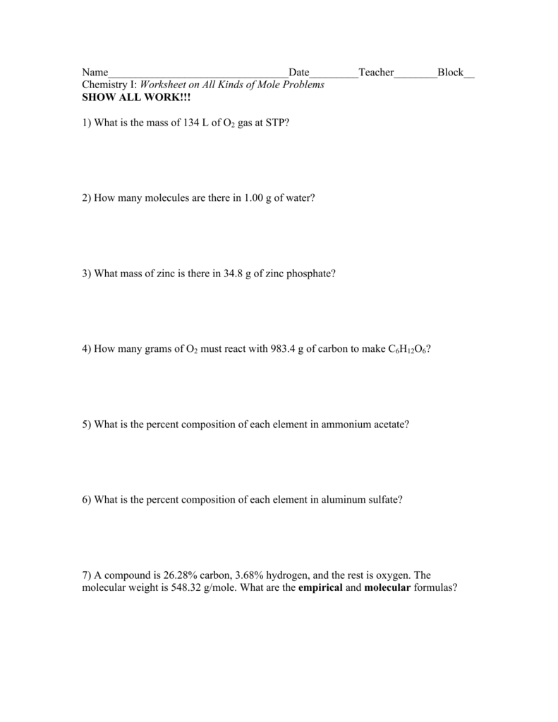  Mole Problems Chemistry Worksheet With Answers Ivuyteq