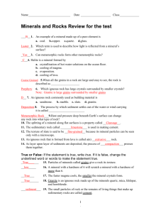 Minerals and Rocks Unit Test Review Answer Key