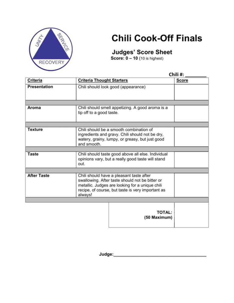 Chili Cook Off Judging Sheet Printable