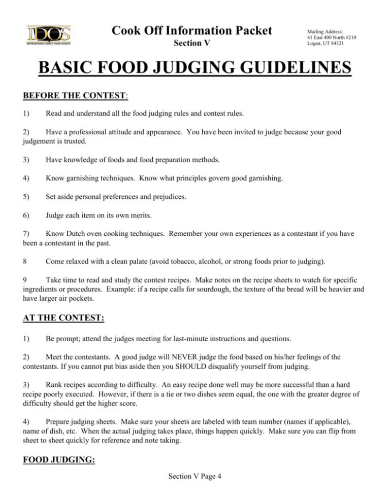 basic food judging guidelines International Dutch Oven Society