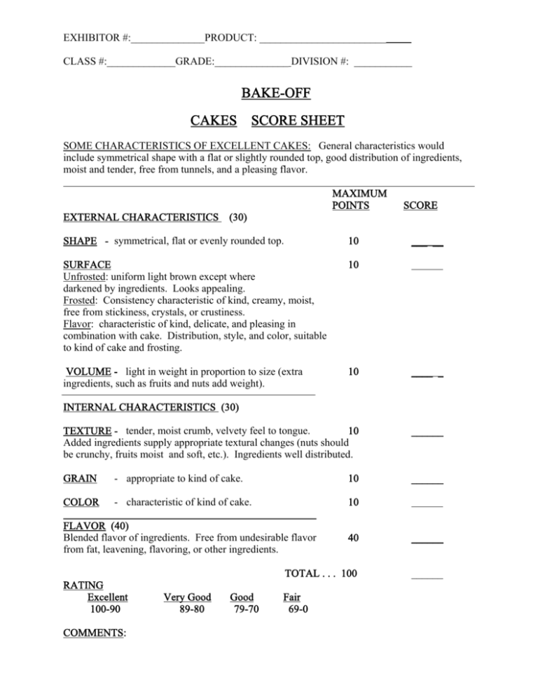 BAKE OFF CAKES SCORE SHEET