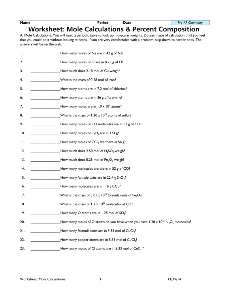 Worksheet: Mole Calculations & Percent Composition Pertaining To Percent Composition Worksheet Answers