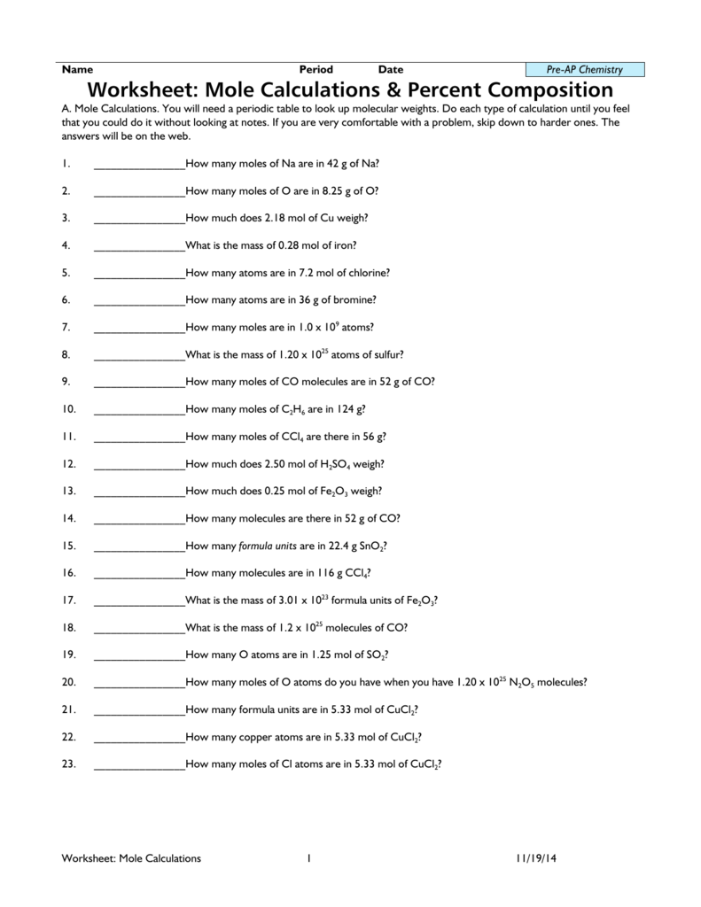 mole calculation worksheet